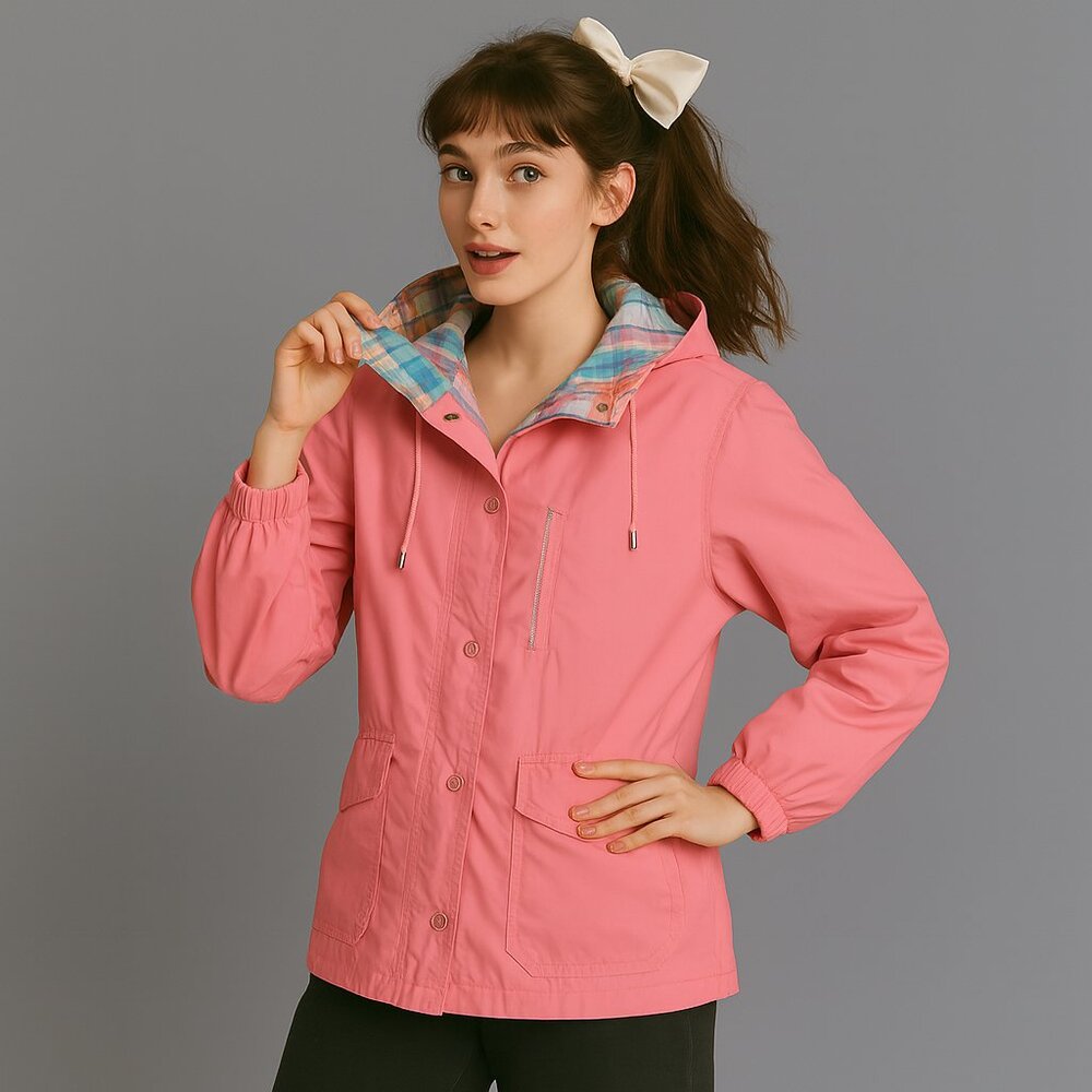 Current Scene Pink Plaid Hood Windbreaker S 80s Retro Barbiecore Rain Jacket